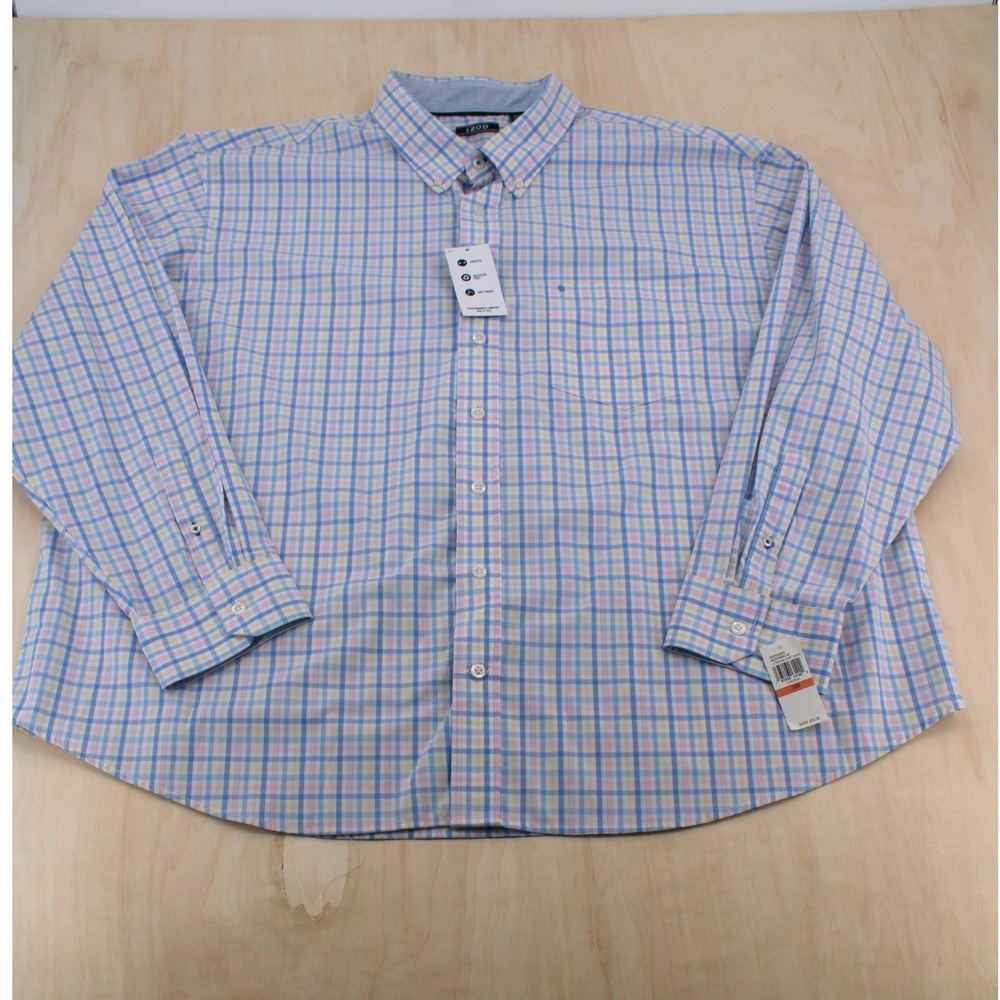 Mens IZOD Performance Plaid Button Down Shirt 3XB Blue Pink Pastel Preppy NEW